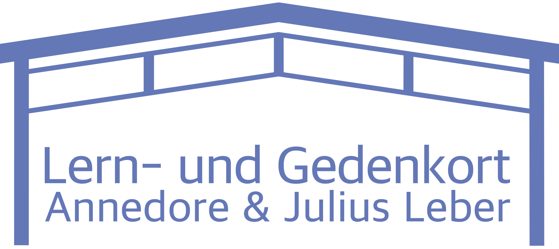 Häuschen mit Schrift "Lern- und Gedenkort Annedore und Julius Leber" (blauer Rahmen)